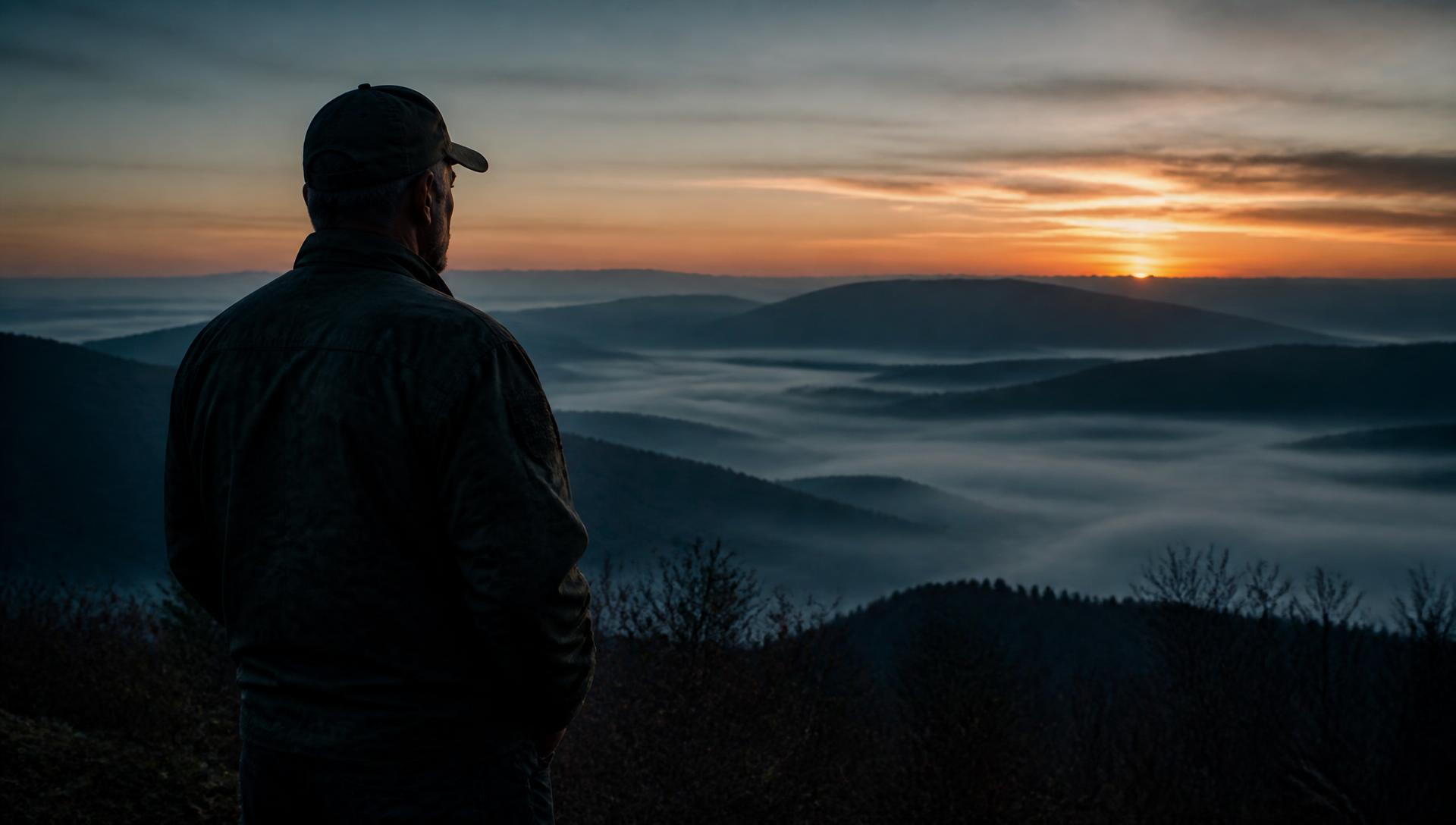 A veteran standing on a North Carolina ridge at dawn